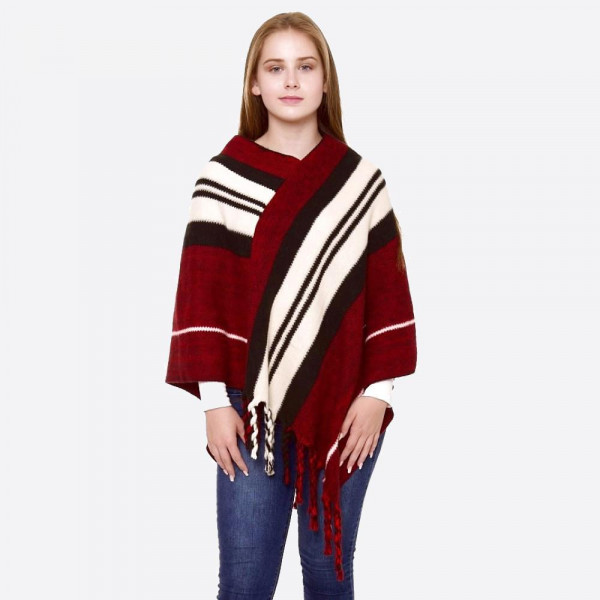 Wholesale two striped knit poncho fringes One fits most L Acrylic