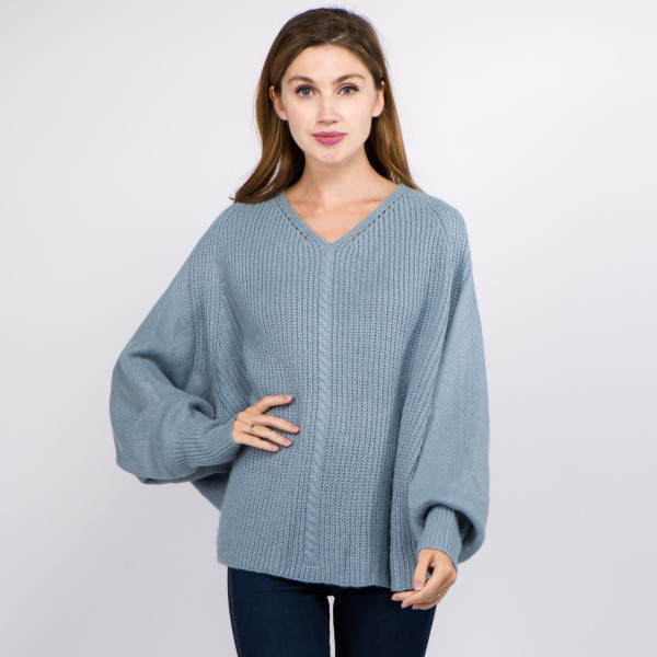 Solid Color Knitted V Neck Balloon Sleeve Sweater One Solid Color Knitted V Neck Balloon Sleeve Sweater One