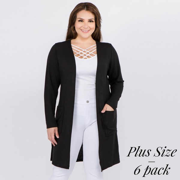 Wholesale solid color thin knit plus cardigan front pocket details Long sleeves