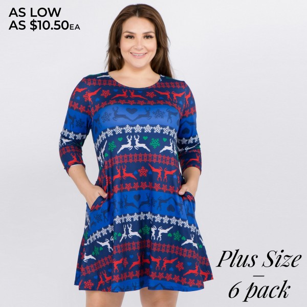 Wholesale women s plus Christmas fair isle reindeer print Line dress pocket deta