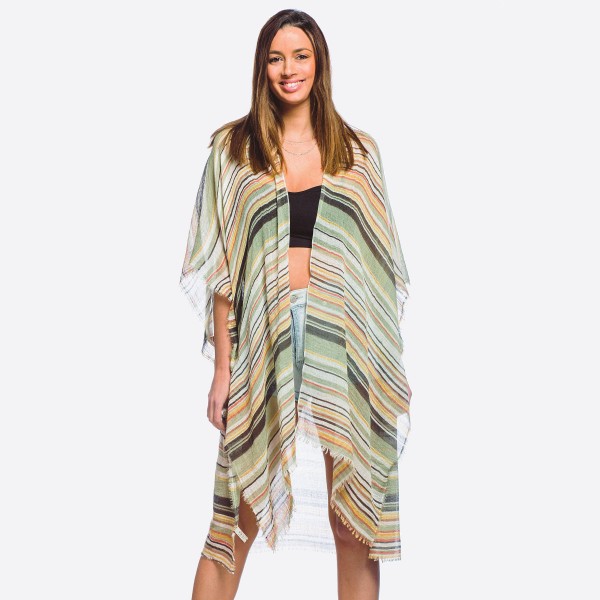 Wholesale women s lightweight striped kimono frayed edges One fits most L Polyes