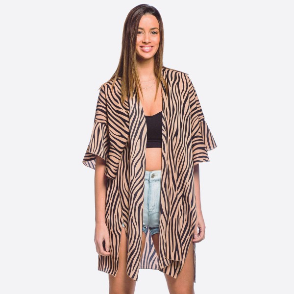 Wholesale women s lightweight zebra print ruffle kimono One fits most L Polyeste