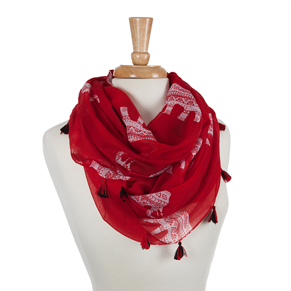 Wholesale lightweight red scarf displaying white ethnic elephants black tribal d