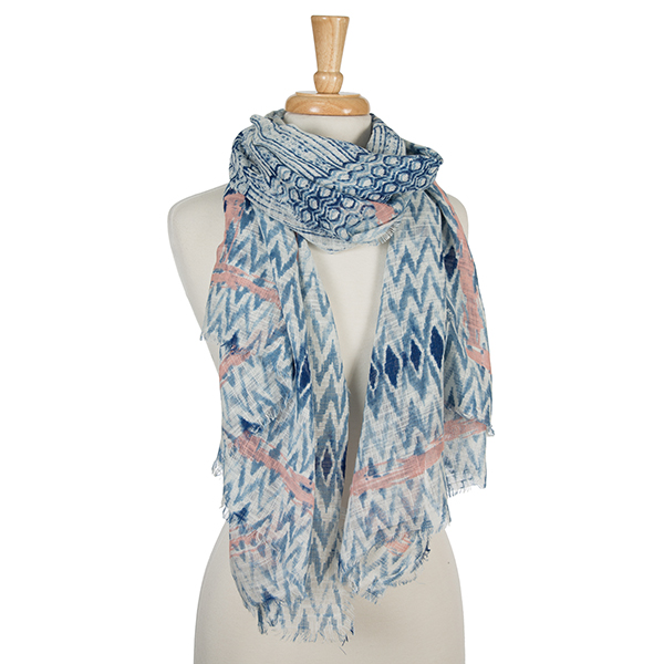 Wholesale navy blue white open scarf tie dye print pale pink accents cotton