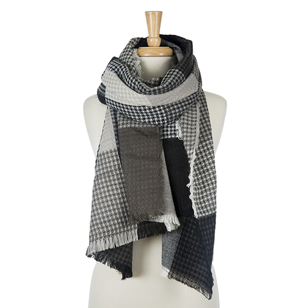 Wholesale black white gray patchwork print scarf frayed edges acrylic