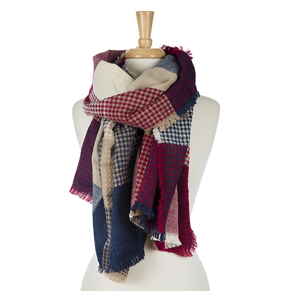 Wholesale burgundy navy blue beige patchwork print scarf frayed edges acrylic