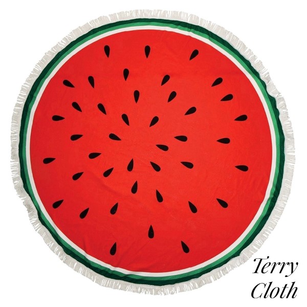 Wholesale watermelon printed terry cloth roundie beach towel frayed edges polyes