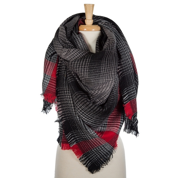 Wholesale black red plaid blanket scarf frayed edges acrylic