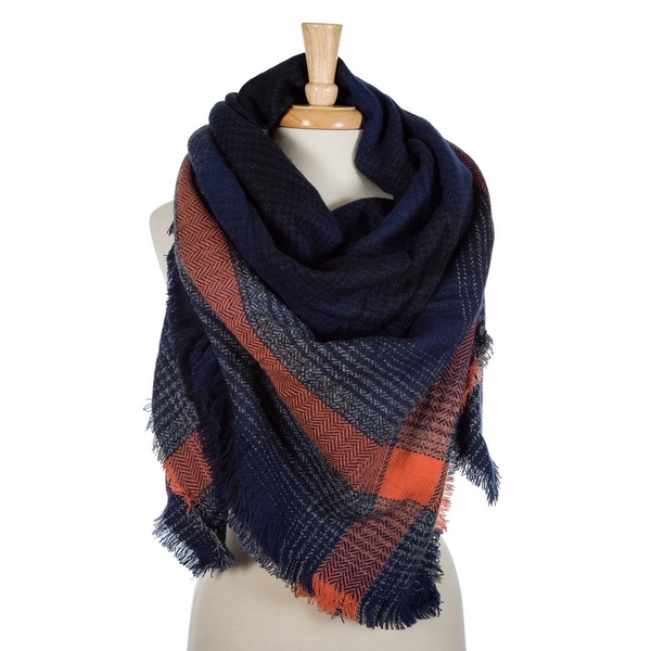 Wholesale navy blue orange plaid blanket scarf frayed edges acrylic