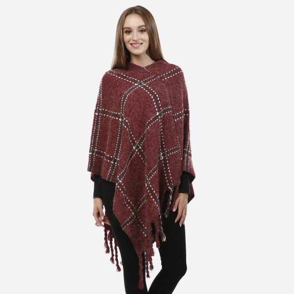 Wholesale burgundy poncho plaid tassel accents acrylic One fits most