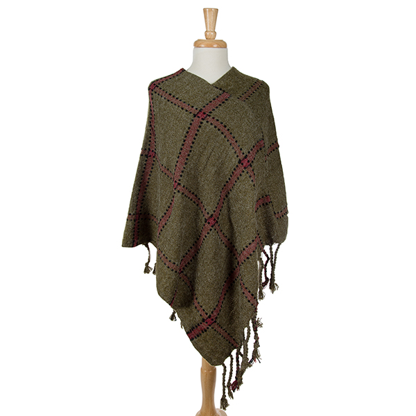 Wholesale olive green poncho plaid tassel accents acrylic One fits most