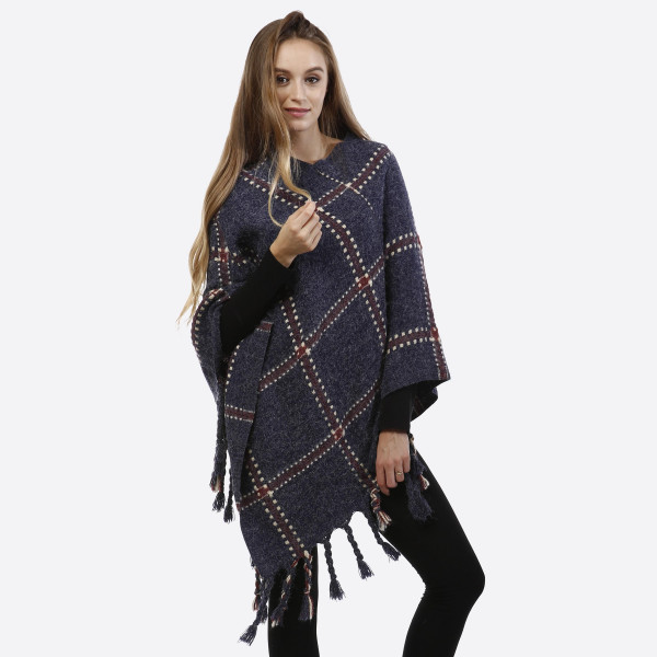 Wholesale navy blue poncho plaid tassel accents acrylic One fits most