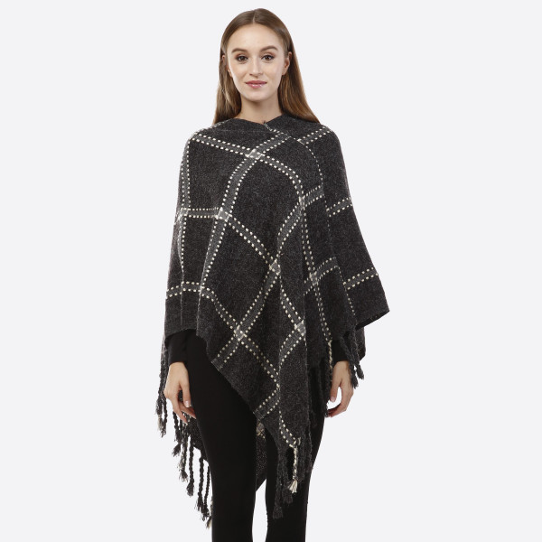 Wholesale charcoal gray poncho plaid tassel accents acrylic One fits most