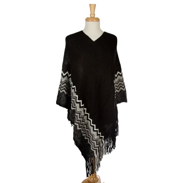 Wholesale knit poncho chevron pattern along bottom metallic detailing acrylic On