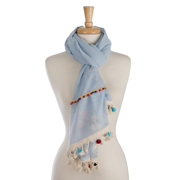 Wholesale lightweight solid scarf colorful pom pom trim along edge polyester