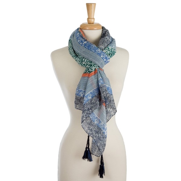 Wholesale lightweight open scarf mix prints designs tassels corners polyester