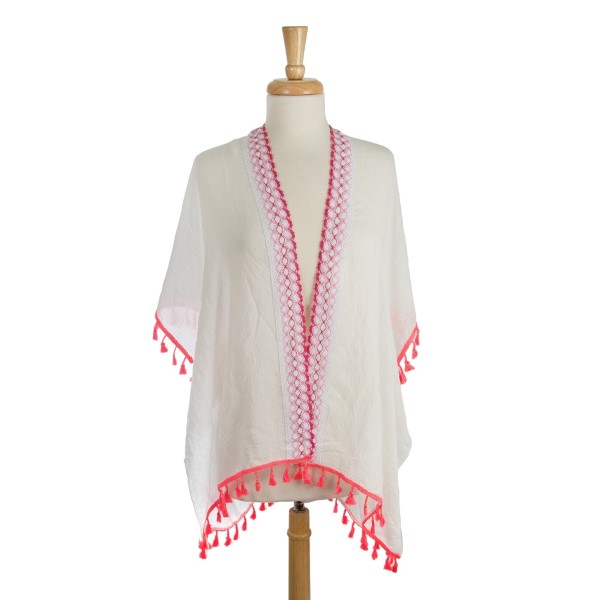 Wholesale lightweight white kimono colorful embroidered tassel accents polyester