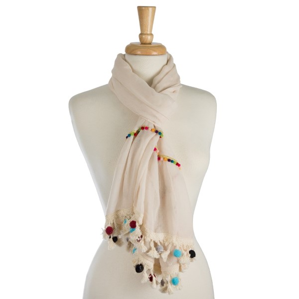 Wholesale lightweight solid scarf colorful pom pom trim along edge polyester