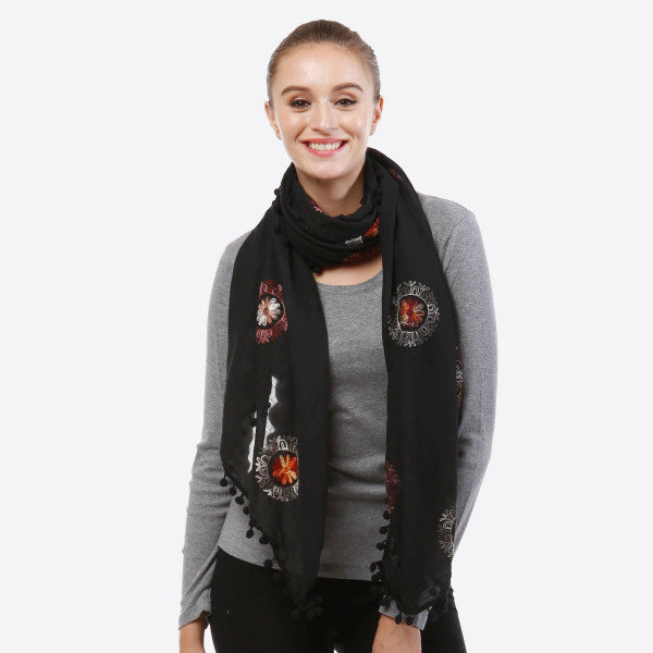 Wholesale lightweight embroidered scarf pom pom detail acrylic