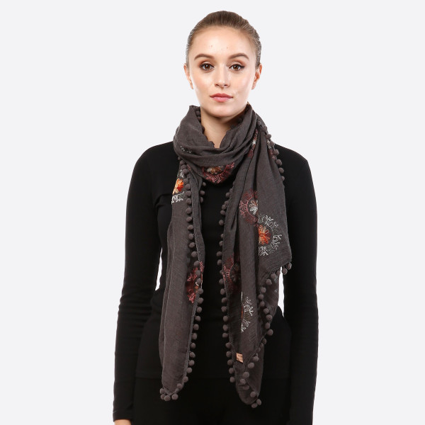 Wholesale lightweight embroidered scarf pom pom detail acrylic