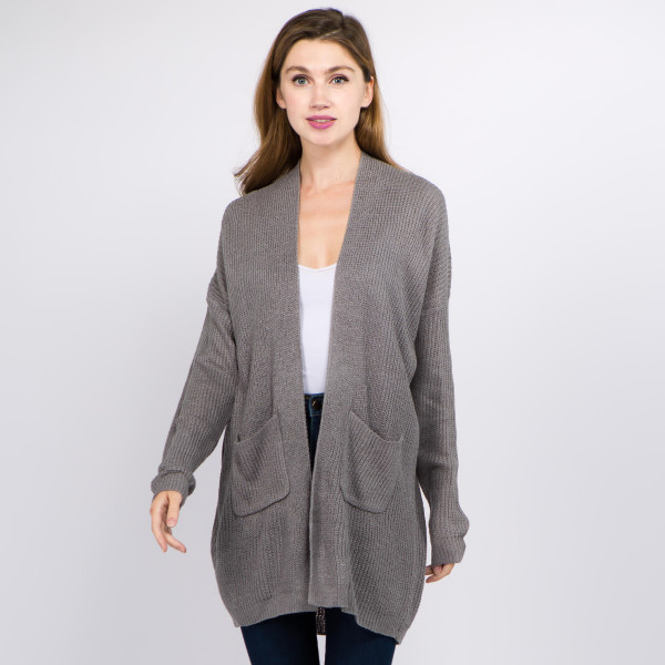 Wholesale solid color thin knit cardigan front pocket details One fits most Acry