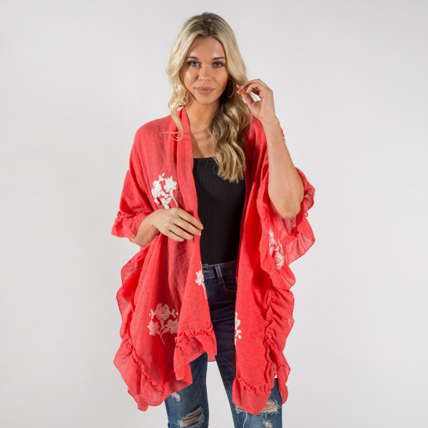 Wholesale ruffled kimono floral details One fits most Approximate cotton polyest