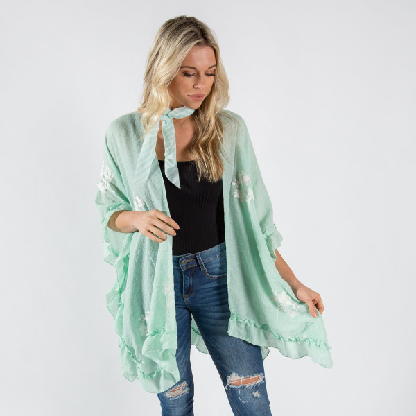 Wholesale ruffled kimono floral details One fits most Approximate cotton polyest