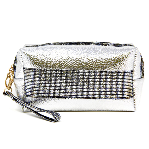 Wholesale metallic faux leather cosmetic travel pouch detachable wristlet Open l