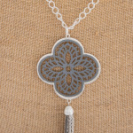 Wholesale long necklace grey filigree pattern pendant tassel detail Pendant over