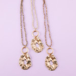 Wholesale long beaded necklace iridescent bead details crinkled metal pendant go