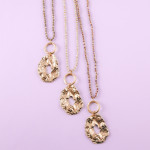 Wholesale long beaded necklace iridescent bead details crinkled metal pendant go