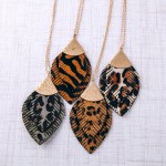 Wholesale long doubled genuine leather animal print feather pendant necklace Pen