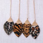 Wholesale long doubled genuine leather leopard print feather pendant necklace Pe