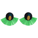 Wholesale green raffia tassel earrings pineapple embroidered detail stud post