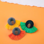 Wholesale yellow raffia tassel earrings pineapple embroidered detail stud post