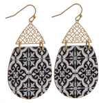 Wholesale wood inspired teardrop earrings detailed pattern filigree accent