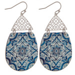 Wholesale wood inspired teardrop earrings detailed pattern filigree accent