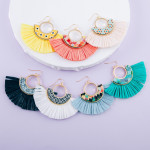 Wholesale metal drop earrings wood inspired pattern accent tassel details