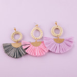 Wholesale raffia tassel earrings rattan woven circular accent stud post