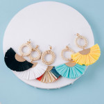 Wholesale raffia tassel earrings rattan woven circular accent stud post