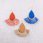 Wholesale rattan woven teardrop earrings tassel details gold metal accents