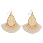 Wholesale long teardrop earrings rattan woven center gold metal accents tassel d