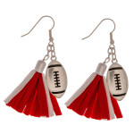 Wholesale raffia tassel drop earrings silver metal football accent
