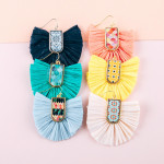 Wholesale drop earrings raffia tassel details wood inspired pattern accent