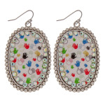 Wholesale metal drop earrings faux leather helping hands print center detail rhi