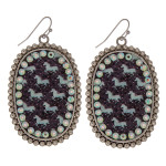 Wholesale metal drop earrings faux leather western horse print center detail rhi