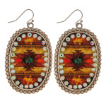 Wholesale metal drop earrings faux leather western print center detail rhineston