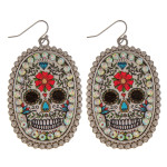Wholesale metal drop earrings faux leather sugar skull print center detail rhine