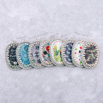 Wholesale metal drop earrings faux leather sugar skull print center detail rhine