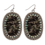 Wholesale metal drop earrings faux leather camouflage print center detail rhines